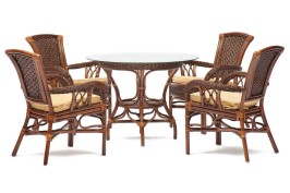 Комплект обеденный "ANDREA" ( стол со стеклом + 4 кресла + подушки) Pecan Washed (античн. орех), Ткань рубчик, цвет кремовый