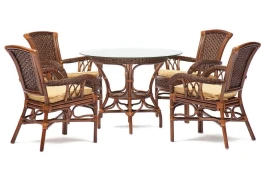 Комплект обеденный "ANDREA" ( стол со стеклом + 4 кресла + подушки) Pecan Washed (античн. орех), Ткань рубчик, цвет кремовый