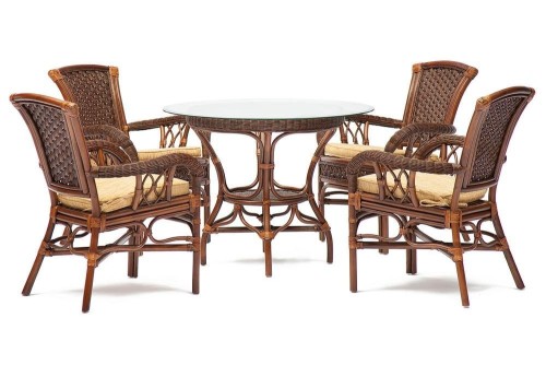 Комплект обеденный "ANDREA" ( стол со стеклом + 4 кресла + подушки) Pecan Washed (античн. орех), Ткань рубчик, цвет кремовый