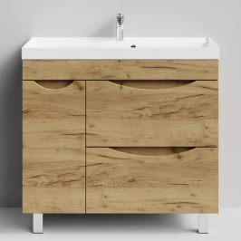 Тумба Лайт 90 напольный, Дуб Тортуга ПВХ 2357-43, 2 ящика, 1 дверь слева Vodok с раковиной в комплекте