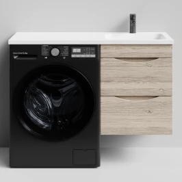 Тумба Смайл 110 подвесной, под стиральную машину, правая, Дубослив ореховый светлый ПВХ 3445 Vodok с раковиной в комплекте