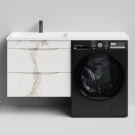 Тумба Смайл 130 подвесной, под стиральную машину, левая, Мрамор Белый натур милк ПВХ 2537 Vodok с раковиной в комплекте