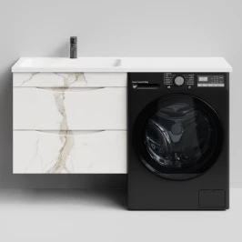 Тумба Смайл 130 подвесной, под стиральную машину, левая, Мрамор Белый натур милк ПВХ 2537 Vodok с раковиной в комплекте