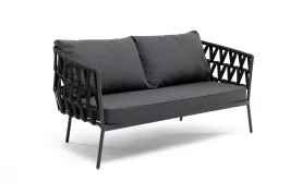 "Диего" диван 2-местный плетеный из роупа, каркас алюминий темно-серый (RAL7024) муар, роуп темно-серый круглый, ткань темно-серая 027