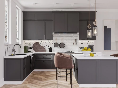 Кухонный гарнитур трехуровневый Тулиппа 3200х2450 Грифельно-серый МДФ угловой