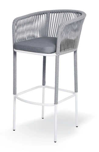 "Марсель" стул барный плетеный из роупа, каркас из стали светло-серый (RAL7035) муар, роуп светло-серый круглый, ткань светло-серая