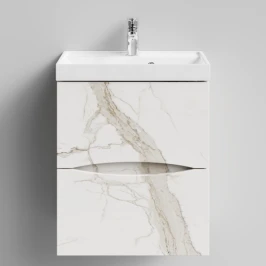 Тумба Лайт 50 подвесной, Мрамор Белый натур милк ПВХ 2537 Vodok с раковиной в комплекте