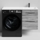 Тумба Смайл 110 подвесной, под стиральную машину, правая, Лиственница структурная контрастно-серая ПВХ 64202 Vodok с раковиной в комплекте