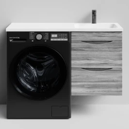 Тумба Смайл 110 подвесной, под стиральную машину, правая, Лиственница структурная контрастно-серая ПВХ 64202 Vodok с раковиной в комплекте