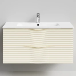 Тумба Эйфория 100 F2, пример RAL 1015 Светлая слоновая кость, матовая, 2 ящика, подвесной Vodok с раковиной в комплекте