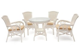 Комплект обеденный "ANDREA" ( стол со стеклом + 4 кресла + подушки) TCH White (белый), Ткань рубчик, цвет кремовый