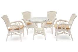 Комплект обеденный "ANDREA" ( стол со стеклом + 4 кресла + подушки) TCH White (белый), Ткань рубчик, цвет кремовый