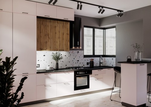 Трехуровневый кухонный гарнитур Мемфис/Хелмер 4200 Японский шелк/Вотан МДФ/ЛДСП прямой