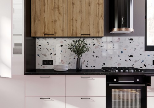 Трехуровневый кухонный гарнитур Мемфис/Хелмер 4200 Японский шелк/Вотан МДФ/ЛДСП прямой