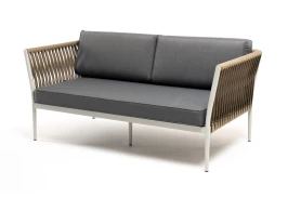 "Касабланка" диван 2-местный плетеный из роупа, каркас алюминий светло-серый (RAL7035) шагрень, роуп серо-коричневый 23мм, ткань бежевая интерьерная