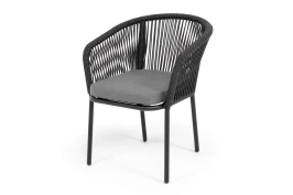 "Марсель" стул плетеный из роупа, каркас алюминий черный муар, роуп темно-серый круглый, ткань темно-серая 027