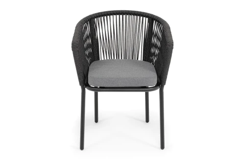 "Марсель" стул плетеный из роупа, каркас алюминий черный муар, роуп темно-серый круглый, ткань темно-серая 027