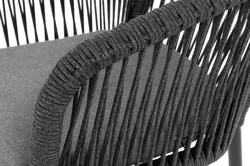 "Марсель" стул плетеный из роупа, каркас алюминий черный муар, роуп темно-серый круглый, ткань темно-серая 027