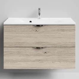 Тумба Марко 90 подвесной, ручки Хром, Дубослив ореховый светлый ПВХ 3445 Vodok с раковиной в комплекте