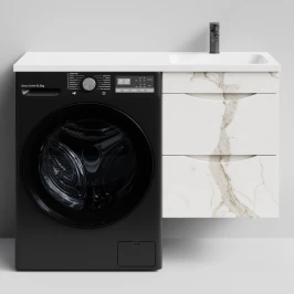 Тумба Смайл 110 подвесной, под стиральную машину, правая, Мрамор Белый натур милк ПВХ 2537 Vodok с раковиной в комплекте