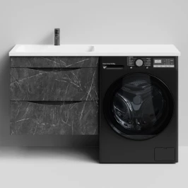 Тумба Смайл 130 подвесной, под стиральную машину, левая, Мрамор Графит софт тач ПВХ 4044-3 Vodok с раковиной в комплекте
