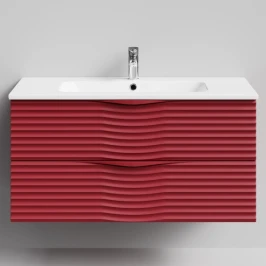 Тумба Эйфория 100 F2, пример RAL 3004 Пурпурно-красный, матовая, 2 ящика, подвесной Vodok с раковиной в комплекте