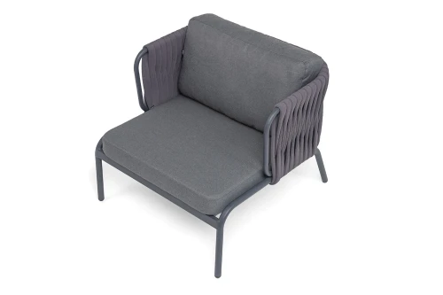 "Ронда" кресло плетеное из роупа, каркас алюминий темно-серый (RAL7024) муар, роуп серый 40 мм tex, ткань темно-серая 027