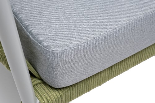 "Диего" диван 2-местный плетеный из роупа, каркас алюминий светло-серый (RAL7035) муар, роуп салатовый меланж круглый, ткань светло-серая