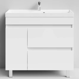 Тумба Бест 90 левая дверь, напольный, белый глянец Vodok с раковиной в комплекте