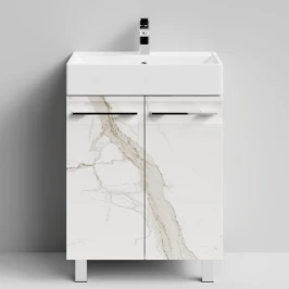 Тумба Мальта 60 напольный, двери, Мрамор Белый натур милк ПВХ 2537 Vodok с раковиной в комплекте