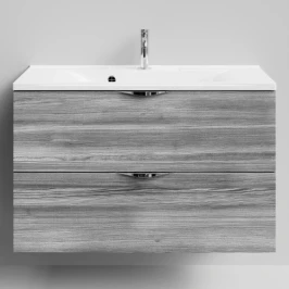 Тумба Марко 90 подвесной, ручки Хром, Лиственница структурная контрастно-серая ПВХ 64202 Vodok с раковиной в комплекте