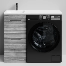 Тумба Смайл 100 напольный, под стиральную машину, левая, Лиственница структурная контрастно-серая ПВХ 64202 Vodok с раковиной в комплекте