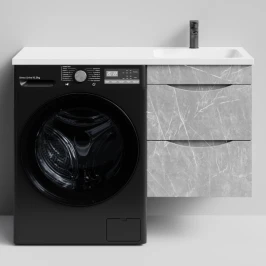 Тумба Смайл 110 подвесной, под стиральную машину, правая, Мрамор Белый софт тач 4044-2 Vodok с раковиной в комплекте