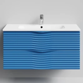 Тумба Эйфория 100 F2, пример RAL 5019 Капри синий, матовая, 2 ящика, подвесной Vodok с раковиной в комплекте
