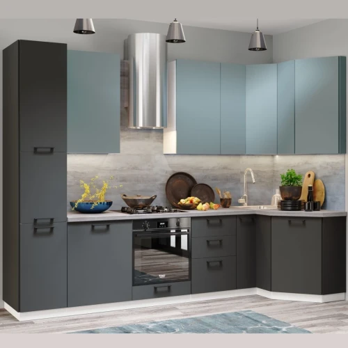 Кухонный гарнитур «Равенна Сити» 3,05x1,25см, Сумеречный голубой/Антрацит