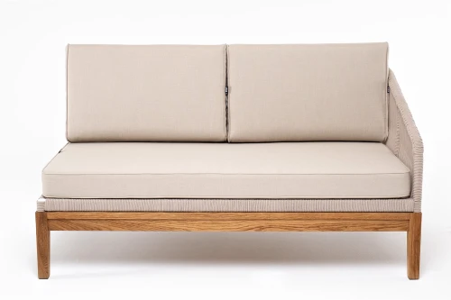 "Канны" левый модуль плетеный из роупа, основание дуб, роуп бежевый круглый, ткань бежевая 052