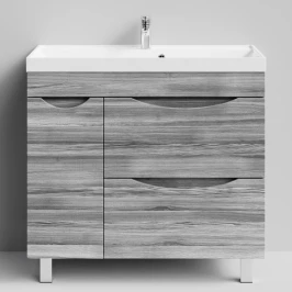 Тумба Лайт 90 напольный, Лиственница структурная контрастно-серая ПВХ 64202, 2 ящика, 1 дверь слева Vodok с раковиной в комплекте