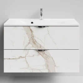 Тумба Марко 90 подвесной, ручки Хром, Мрамор Белый натур милк ПВХ 2537 Vodok с раковиной в комплекте