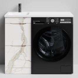 Тумба Смайл 100 напольный, под стиральную машину, левая, Мрамор Белый натур милк ПВХ 2537 Vodok с раковиной в комплекте