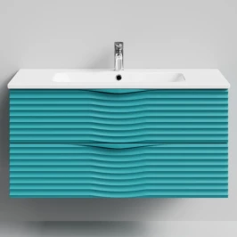 Тумба Эйфория 100 F2, пример RAL 5021 Водная синь, матовая, 2 ящика, подвесной Vodok с раковиной в комплекте