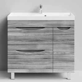 Тумба Лайт 90 напольный, Лиственница структурная контрастно-серая ПВХ 64202, 2 ящика, 1 дверь справа Vodok с раковиной в комплекте