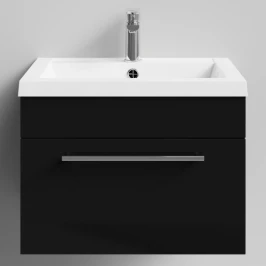 Тумба Элис 58 подвесной, 1 ящик, Черный глянец ПВХ Vodok с раковиной в комплекте