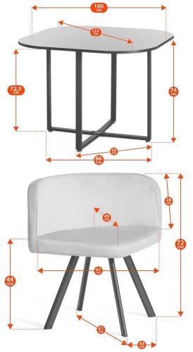 Комплект (стол, 4 стула) QUADRON (mod. PT14) Стол: МДФ/металл, стул: металл/велюр, 100х100х73 см, 69х56х71 см, Blue (синий/бирюзовый) HLR62/черн.
