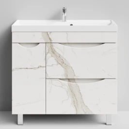 Тумба Лайт 90 напольный, Мрамор Белый натур милк ПВХ 2537, 2 ящика, 1 дверь слева Vodok с раковиной в комплекте