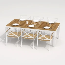 Обеденная группа TELLA FESTA каркас белый / стол тик 220 / ткань бежевая