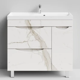 Тумба Лайт 90 напольный, Мрамор Белый натур милк ПВХ 2537, 2 ящика, 1 дверь справа Vodok с раковиной в комплекте