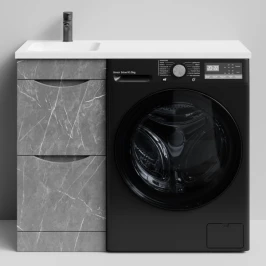 Тумба Смайл 100 напольный, под стиральную машину, левая, Мрамор Серый софт тач ПВХ 4044-1 Vodok с раковиной в комплекте