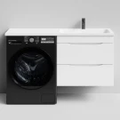 Тумба Смайл 130 подвесной, под стиральную машину, правая, белый глянец Vodok с раковиной в комплекте