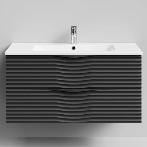 Тумба Эйфория 100 F2, пример RAL 9005 Чёрный янтарь, матовая, 2 ящика, подвесной Vodok с раковиной в комплекте