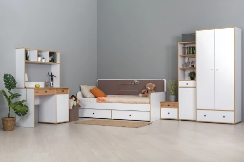 Кровать Вуди 11.02, Белый премиум, Дуб Золотой, Савана латте